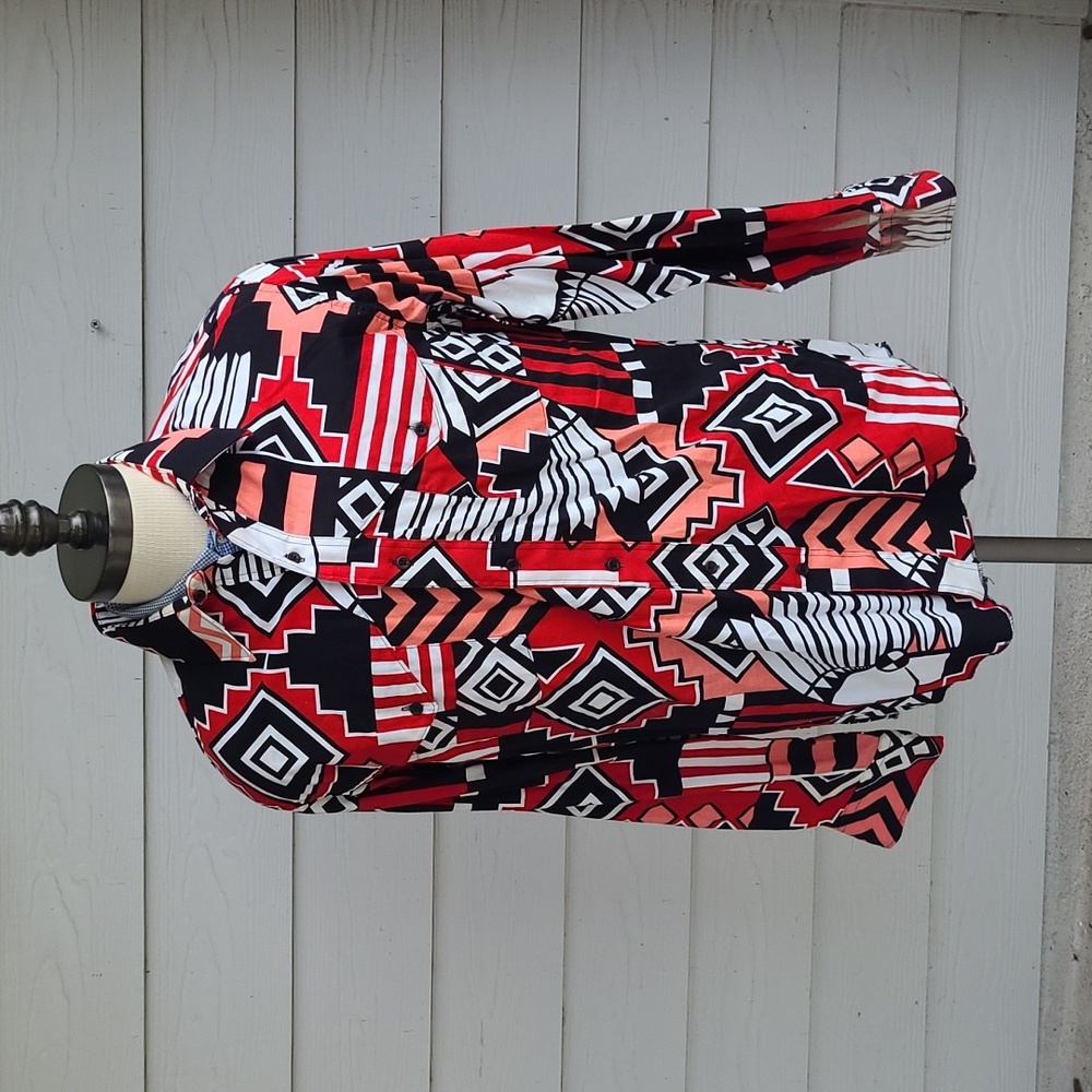 WRANGLER Red‎ Aztec Abstract USA Cotton Sz 16.5 Western Long Sleeve Shirt RARE